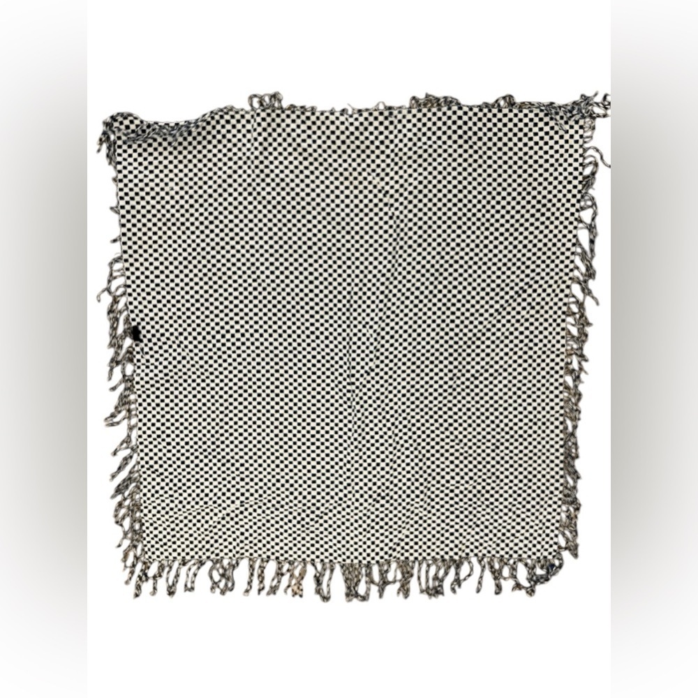 Square checkered blue and white fringe scarf wrap